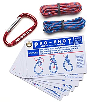 Knot Tying Kit | Pro-Knot Best Rope Knot Cards, two practice cords and a carabiner